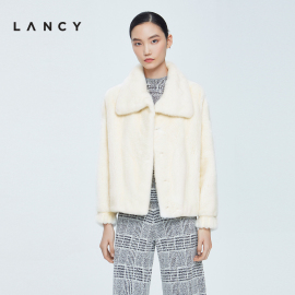 LANCY/朗姿水貂毛2022冬季短外套女白色翻领皮草简约大气