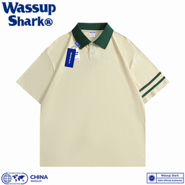wassupshark美式重磅纯棉条纹polo衫，短袖t恤男夏季宽松纯色上衣
