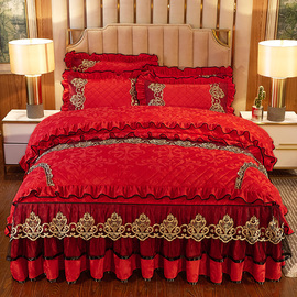 欧式天鹅绒床裙式四件套夹棉加厚床套床罩4件套被套1.8米床上用品
