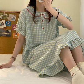 300斤特大码胖mm格子公主娃娃领连衣裙女潮ins显瘦外穿家居服裙子