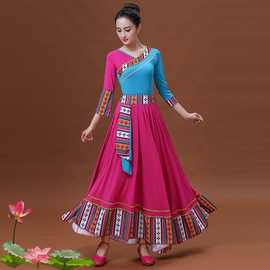 广场舞服装藏族舞蹈服女长袖长裙印花民族风跳舞服表演演出服