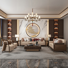 新中式沙发简约禅意客厅别墅，现代全实木，布艺轻奢真皮沙发组合家具