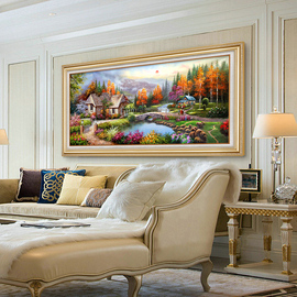 美式油画客厅挂画沙发，背景墙装饰画山水画风景，手绘欧式壁画高级感