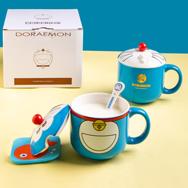 哆啦A梦带盖水杯情侣咖啡杯卡通马克杯机器猫蓝胖子高颜值陶瓷杯