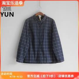 yun韫春季秋季女装磨绒翻领单排扣长袖格子女，衬衫带里衬3156