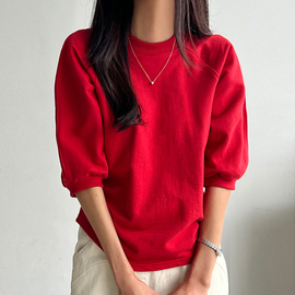 韩国版型设计很仙显瘦小香风泡泡，袖春夏纯色插肩袖圆领中袖t恤女