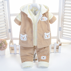 男宝宝套装婴儿，灯芯绒棉服加厚0-1-2岁女宝秋冬装，外穿马甲三件套