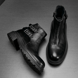黑色马丁靴男士高帮秋冬季拉链真皮工装靴，时尚机车牛皮靴时尚短靴