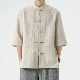 中国风男装亚麻衬衫中式唐装，棉麻男士七分袖，衬衣夏季复古立领上衣