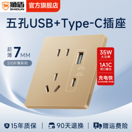 狮盾开关插座面板家用墙壁86型暗装usb，type-c五孔开关插座s10金