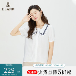 Eland衣恋夏季时尚甜美小众娃娃领白色雪纺短袖衬衫女士