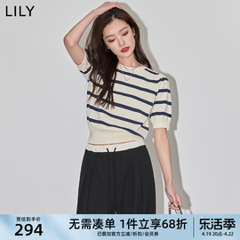 lily2024春女装复古条纹，时尚通勤气质泡泡，袖修身短款毛针织衫