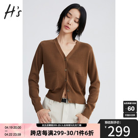 hs奥莱2023秋季质感羊毛衫女装，天然高级简约棕色v领针织开衫