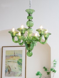 轻法式优雅绿色蜡烛吊灯设计师，中古玻璃轻奢复古餐厅客厅卧室吊灯