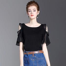 韩式短袖雪纺衫女夏季洋气遮肚子蝙蝠袖小衫舒适显瘦黑色露肩上衣