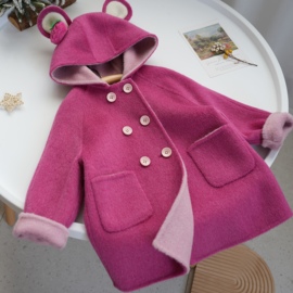 草莓熊双面(熊双面)羊毛，大衣儿童可爱卡通连帽毛呢女童中长款玫红色外套厚