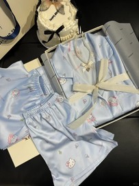 夏日Kitty猫印花冰丝睡衣女夏款2024凉感家居服大码套装外穿