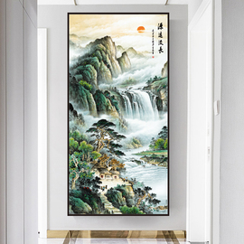 山水玄关门贴纸自粘装饰画，山水画3d立体风景墙贴过道走廊贴画壁纸