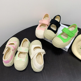 儿童帆布玛丽珍鞋2023年夏季丑萌法式厚底板鞋女童浅口休闲鞋