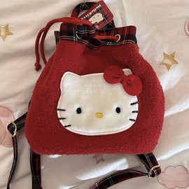 日系可爱hellokitty复古红格子，毛绒双肩包学院(包学院)风超圣诞小背包女