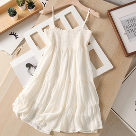法式一字领白色薄纱，短吊带连衣裙女夏小个子气质叠层荷叶边短裙子
