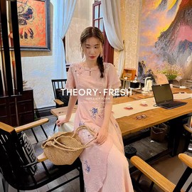 THEORY FRESH新中式国风改良旗袍印花荷叶边短袖中长连衣裙女夏季