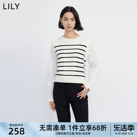 LILY2024春女装含绵羊毛复古条纹设计感假两件衬衫毛衣上衣女