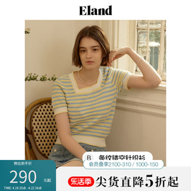 Eland衣恋针织衫T恤女花边方领彩色条纹短袖上衣甜美风夏季