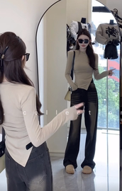 韩版设计感不规则长袖T恤女2023秋装气质通勤修身显瘦打底衫上衣
