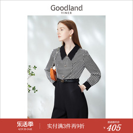 Goodland美地女装春季时尚休闲复古撞色千鸟格拼接连体裤