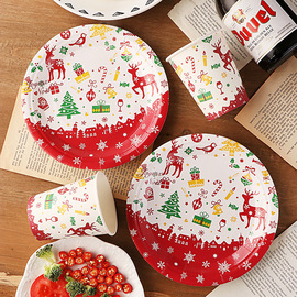 圣诞节创意纸杯纸盘一次性，餐具套装跨境款，圣诞派对装饰用