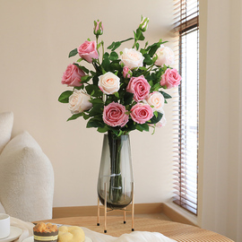 多头高品质仿真玫瑰花，假花百合花束客厅餐桌插花摆设，绢花装饰婚庆