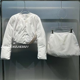 欧洲站2023冬季小众设计纯色圆领羽绒棉服半身裙经典洋气套装