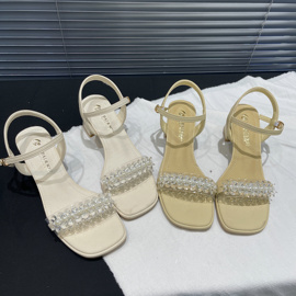 粗跟露趾凉鞋2024夏季法式珍珠透明带一字，扣带高跟显瘦仙女鞋