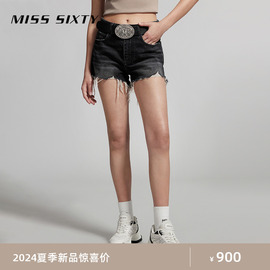 Miss Sixty2024夏季牛仔短裤女复古磨破烂设计高腰显瘦黑灰色