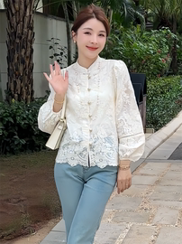 新中式圆领蕾丝衬衫，女2024春夏季法式气质，百搭显瘦打底上衣潮