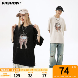 VIISHOW美式街头印花短袖T恤男生2024夏青少年宽松刺绣T恤潮