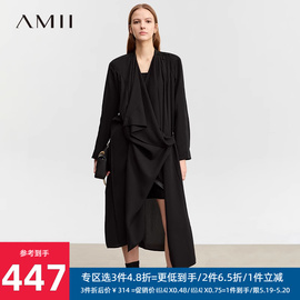 amii2024春休闲荡领不规则，门襟长款外套女雪纺，长袖黑色上衣