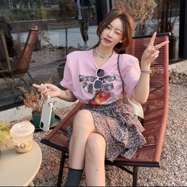 miss家韩版2023春夏卡通，印花短袖t恤+碎花层层半身裙套装女