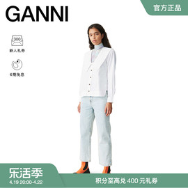 ganni女装白色荷叶边翻领，长袖系扣直筒棉府绸衬衫f5778151