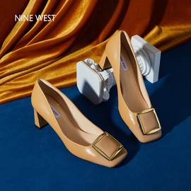 Nine West/玖熙高跟鞋女粗跟气质春季浅口通勤经典方扣单鞋