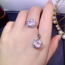 天然芙蓉石戒指女戒子吊坠套装招桃花S925纯银冰种粉水晶粉色宝石