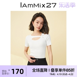 IAmMIX27短袖针织衫女夏季个性不对称镂空斜肩白色休闲针织套头衫