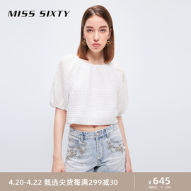 Miss Sixty短袖衬衫女圆领甜美泡泡袖五分袖复古法式气质短款上衣