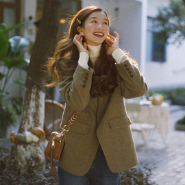 2023年秋季休闲毛呢西装外套女高级感宽松廓形小个子呢子上衣