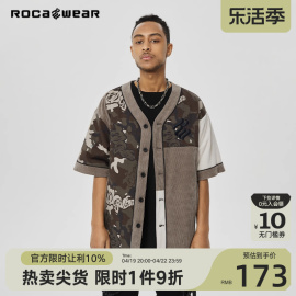 rocawear灯芯绒迷彩拼接短袖衬衫，棒球领刺绣火炬，logo半袖衬衣男