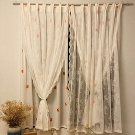 韩式手绘橘子蕾丝双层窗帘女生法式公主风卧室飘窗田园风免打孔布