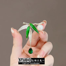 复古中国风竹子胸针小众设计感女珐琅绿色植物竹叶别针珍珠胸花