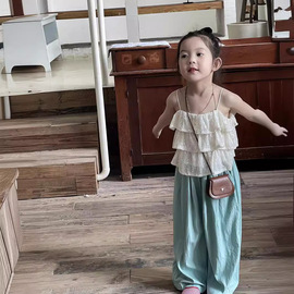 韩国夏装儿童氛围感吊带巨美的blingbling亮片层层荷叶边背心上衣