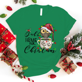 merrychristmastshirt圣诞节猫头鹰印花绿色，短袖圆领t恤上衣